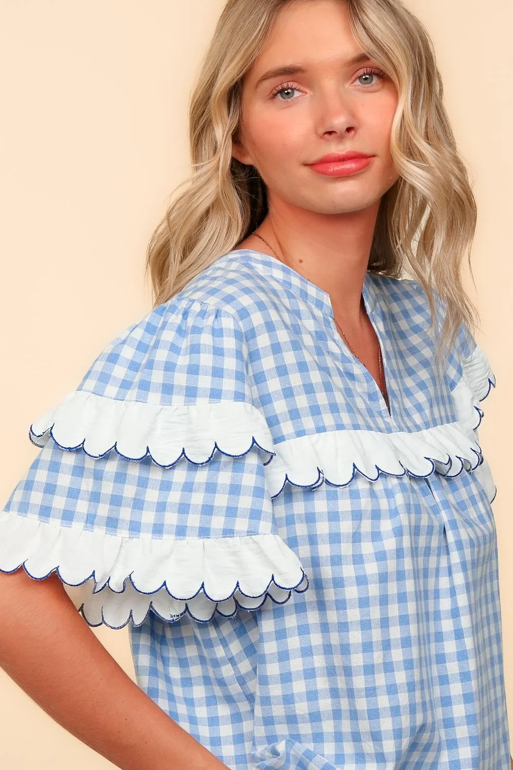 PLUS GINGHAM EMBROIDERED SCALLOP HEM WOVEN TOP - Image 5