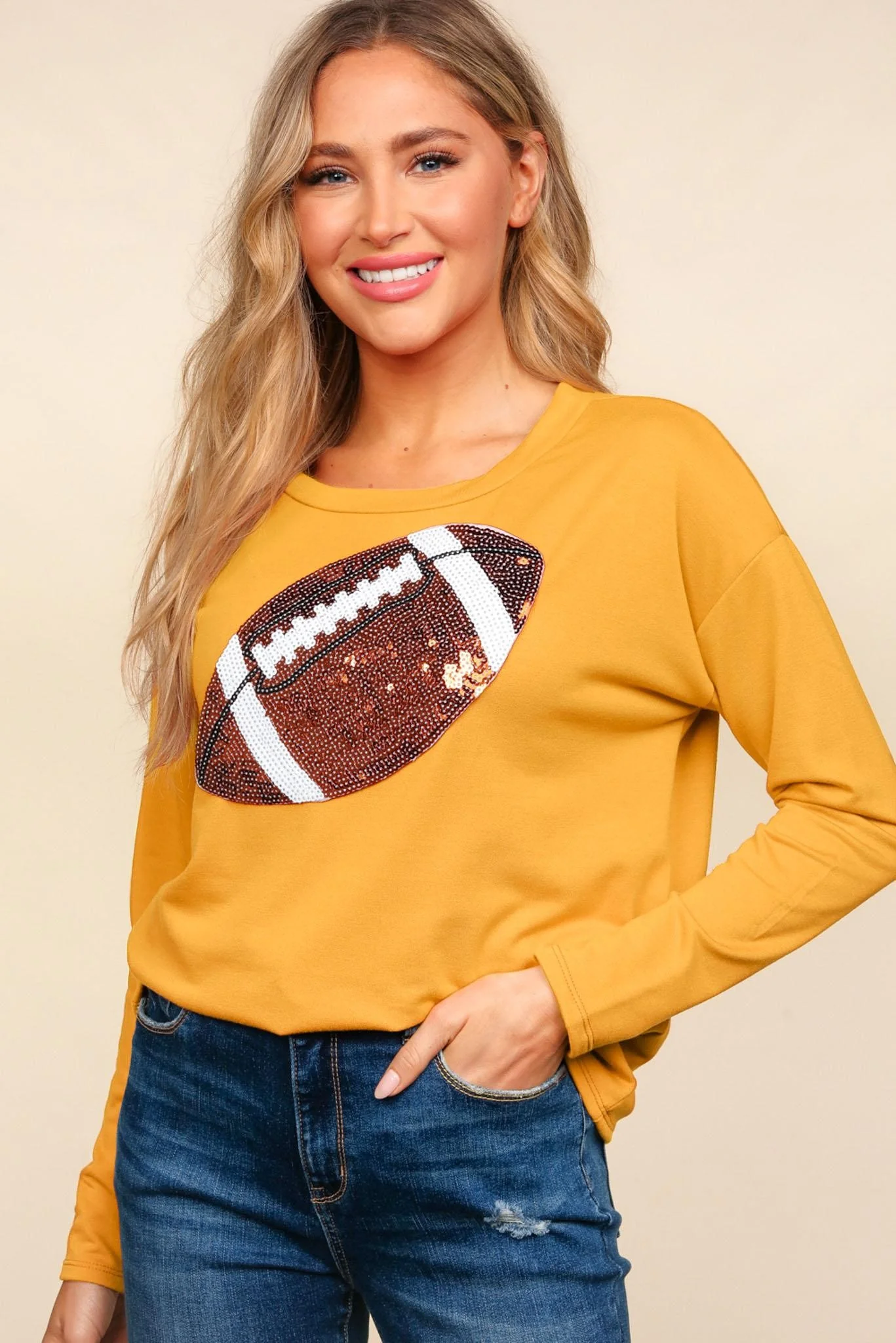 PLUS GOLD FRENCH TERRY TOP WITH SEQUIN FOOTBALL PATCH