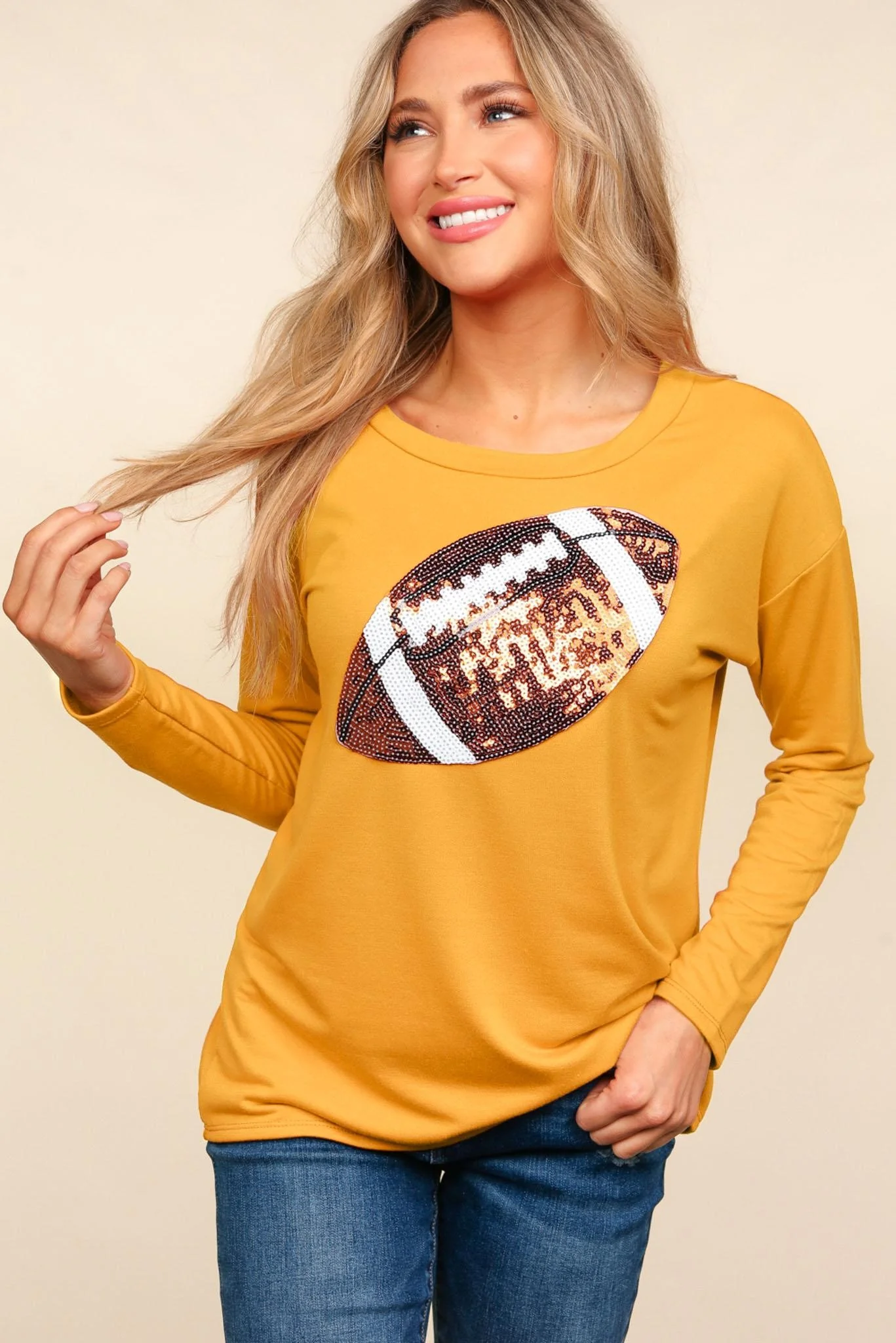 PLUS GOLD FRENCH TERRY TOP WITH SEQUIN FOOTBALL PATCH - Image 2
