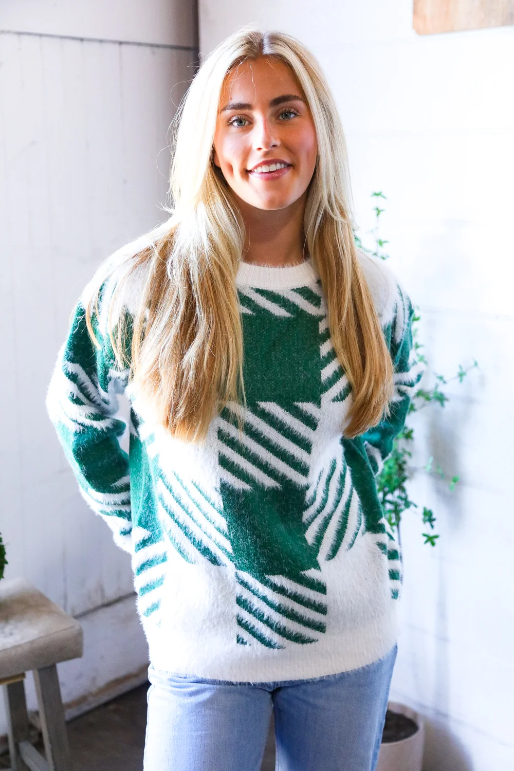 Green Fuzzy Checkered Sweater - Image 3