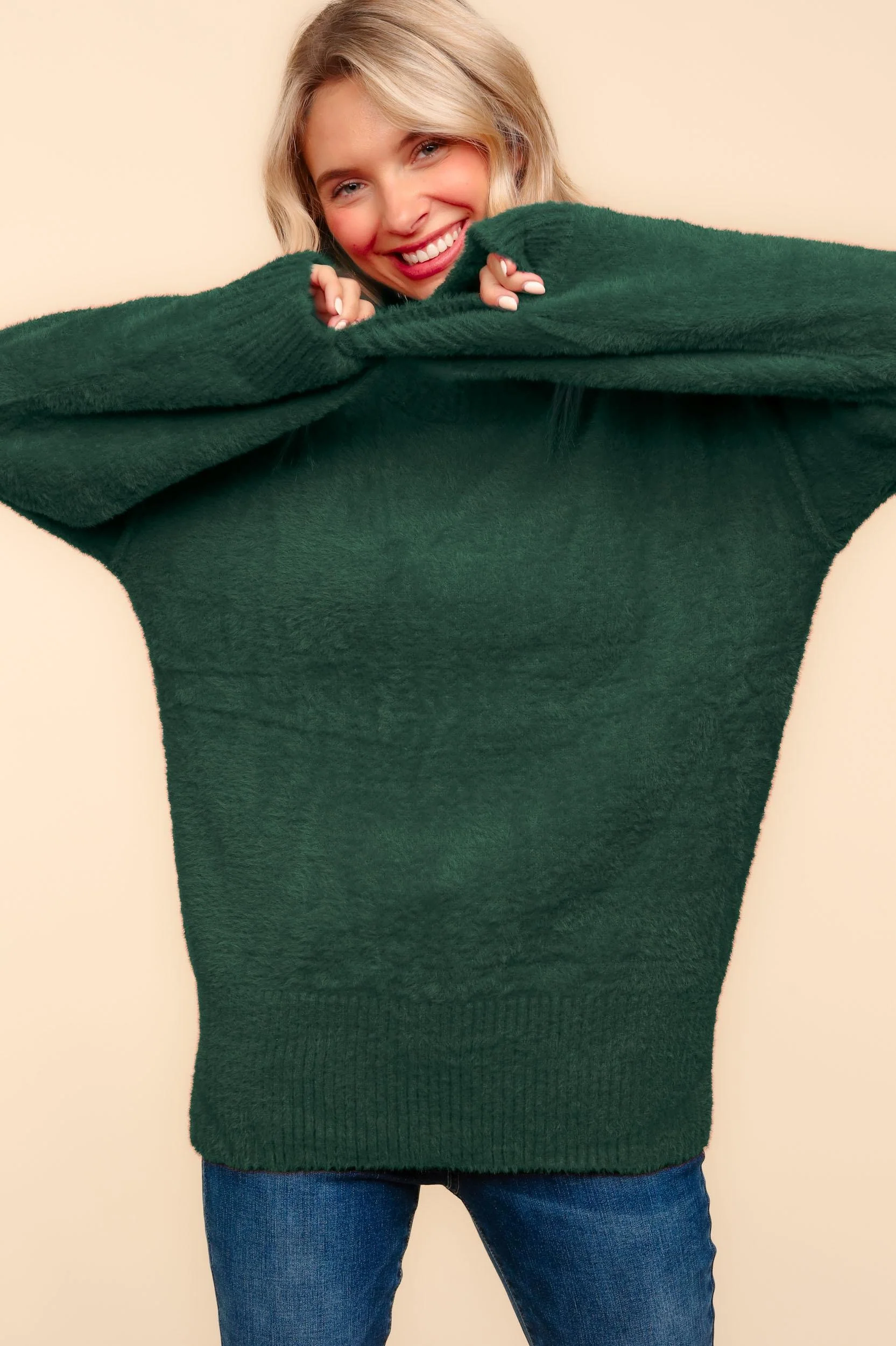 PLUS GREEN FUZZY SOFT OVERSIZED SWEATER W/ SIDE SLIT - Image 2