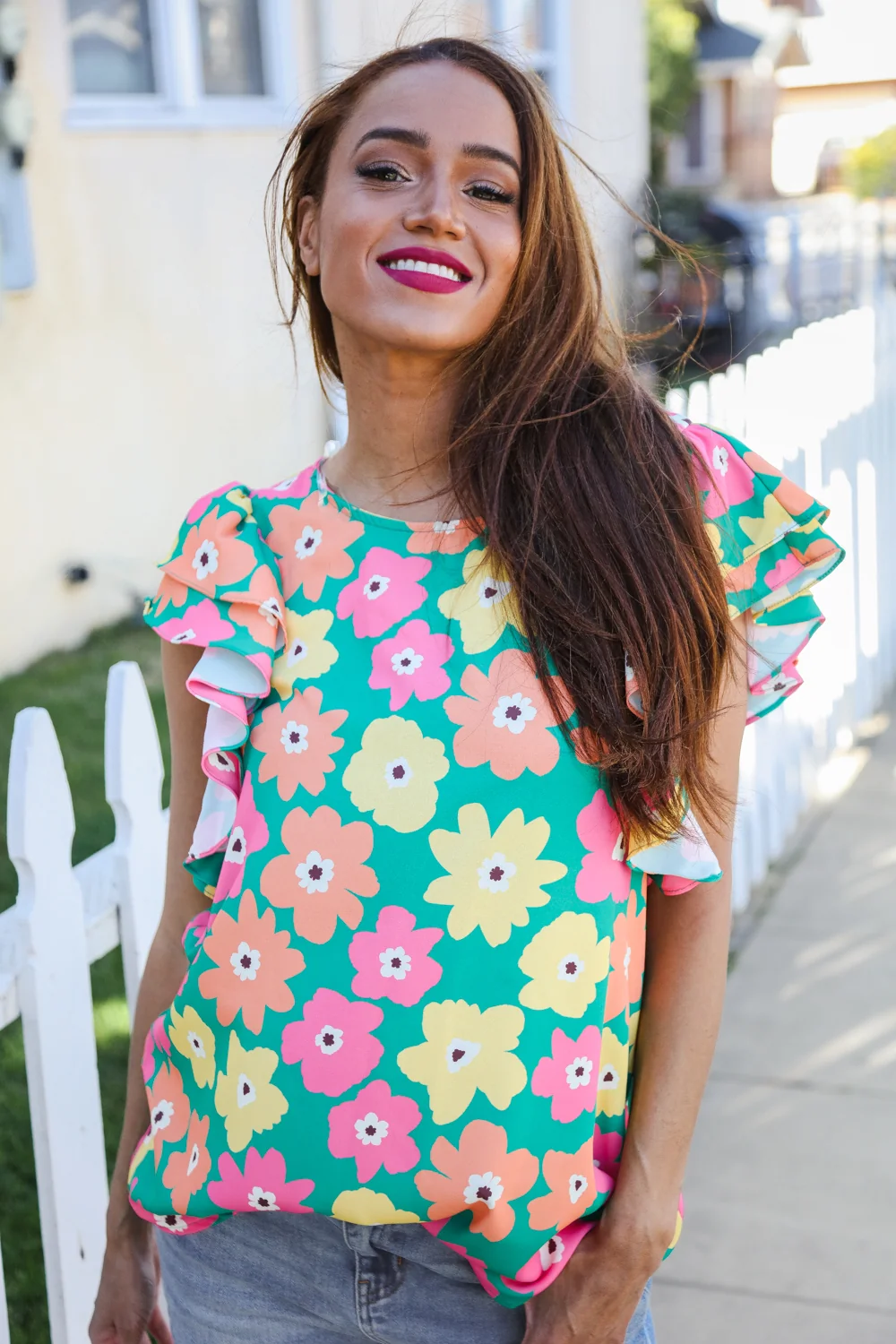 Green Multi Floral Flutter Top - Image 6