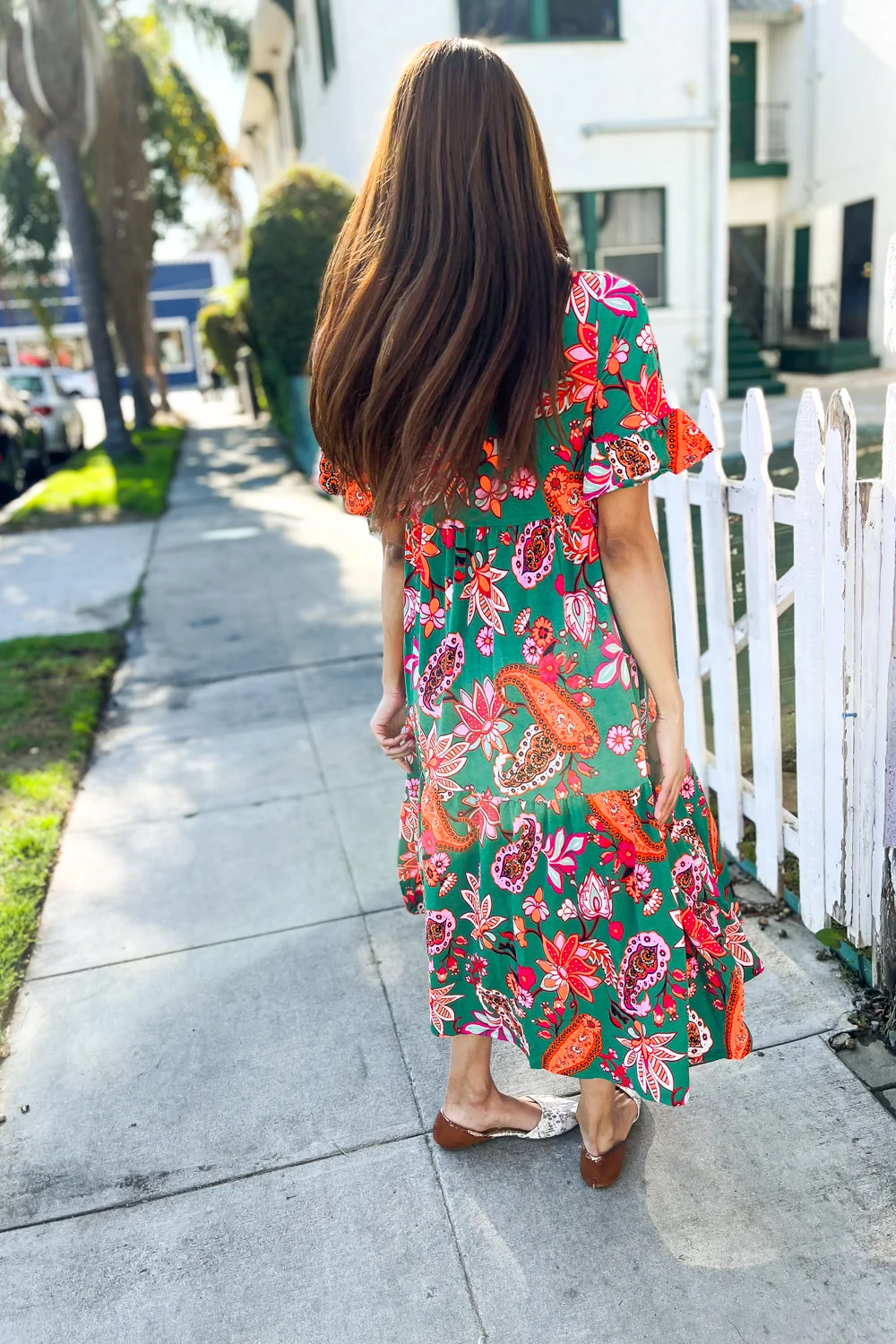 Plus Green Print Floral Design Tiered Dress - Image 6