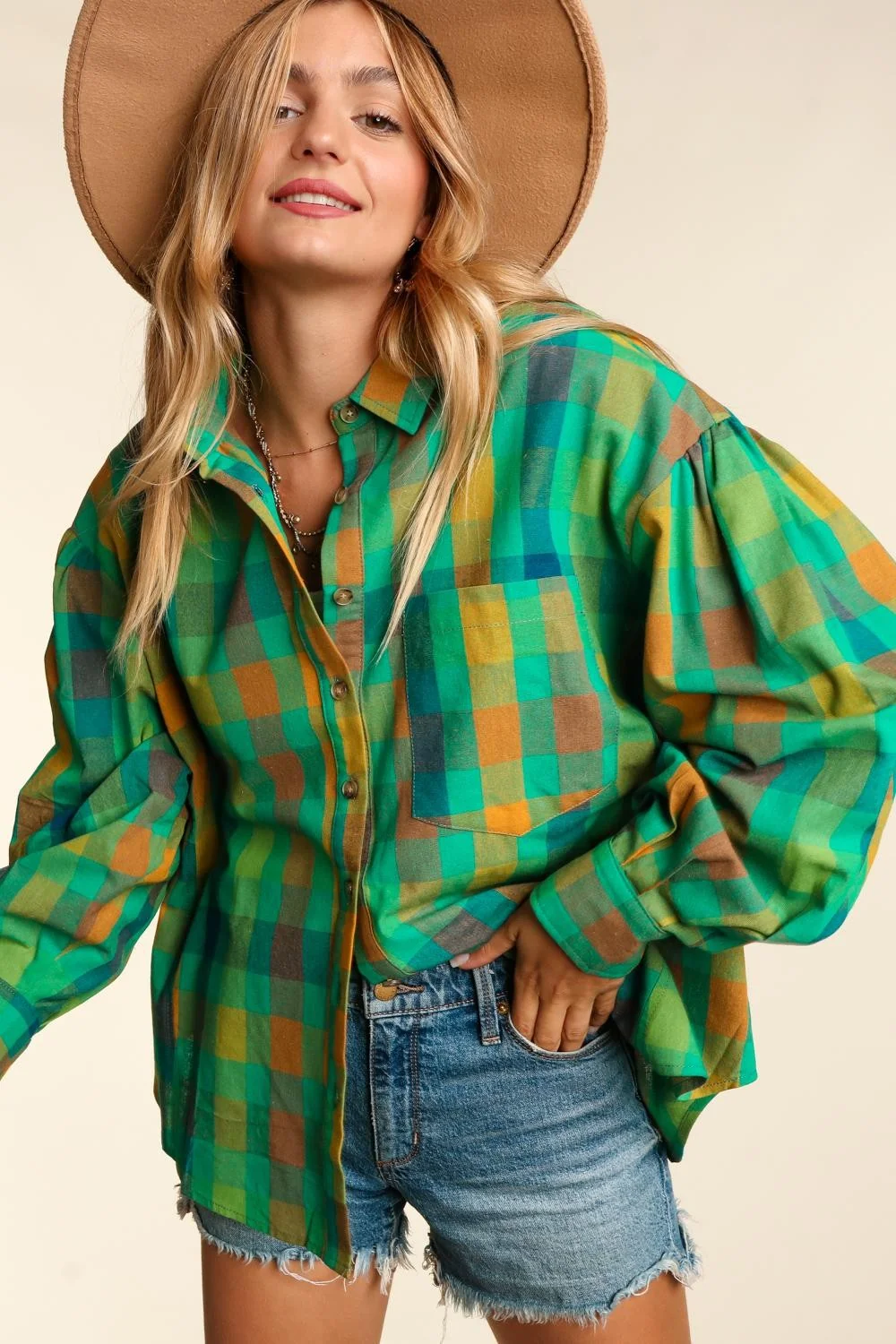 Plus Green Woven Washed Plaid Oversized Top With Pockets - Image 3