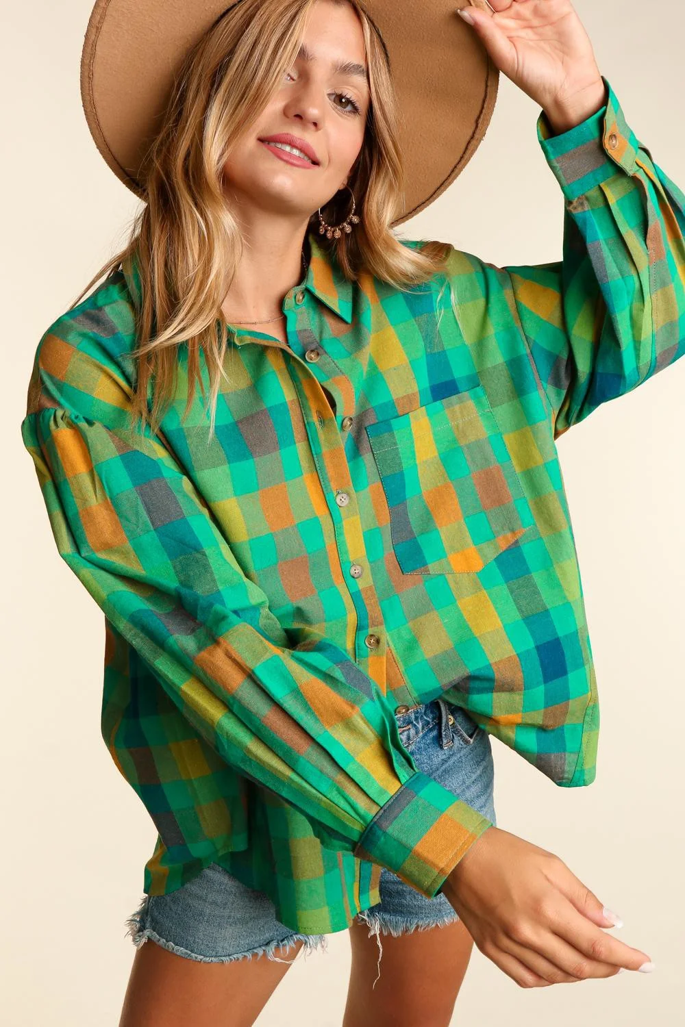 Plus Green Woven Washed Plaid Oversized Top With Pockets - Image 4
