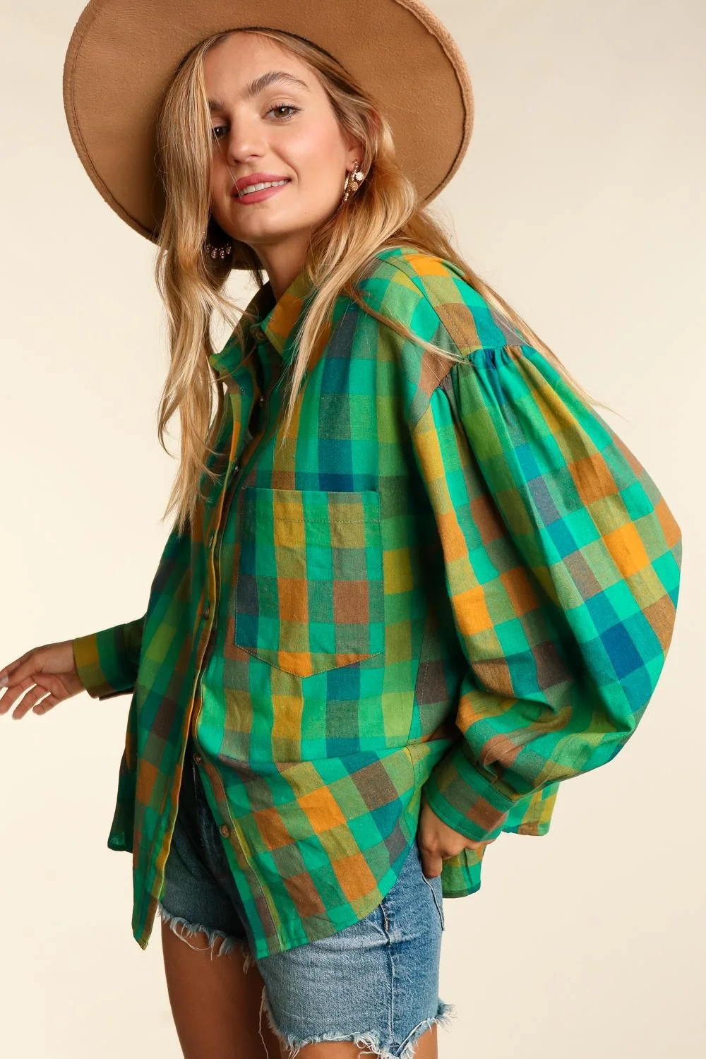 Plus Green Woven Washed Plaid Oversized Top With Pockets - Image 6