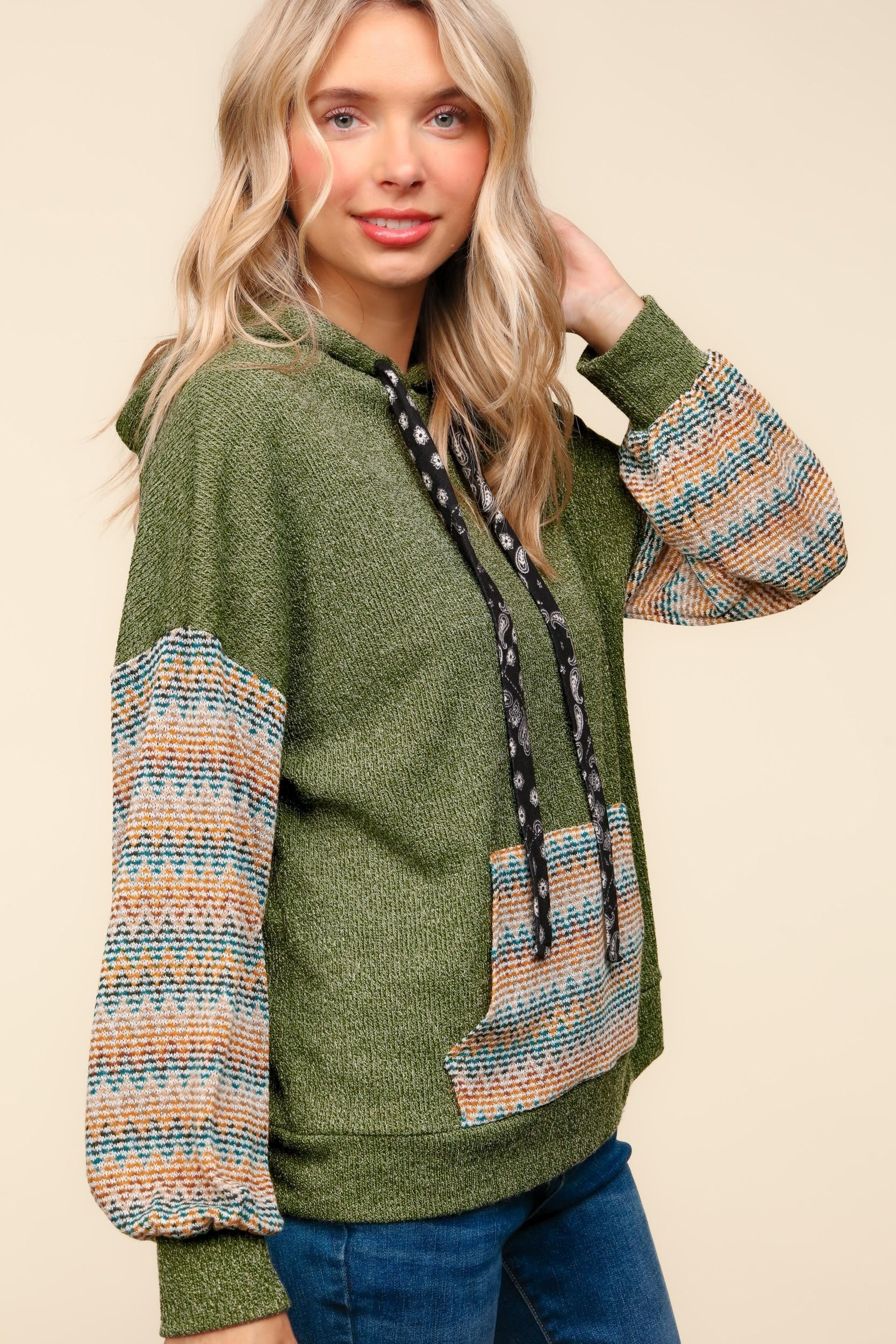 Plus Hacci Color Block Sweater Top with Hoodie - Image 3