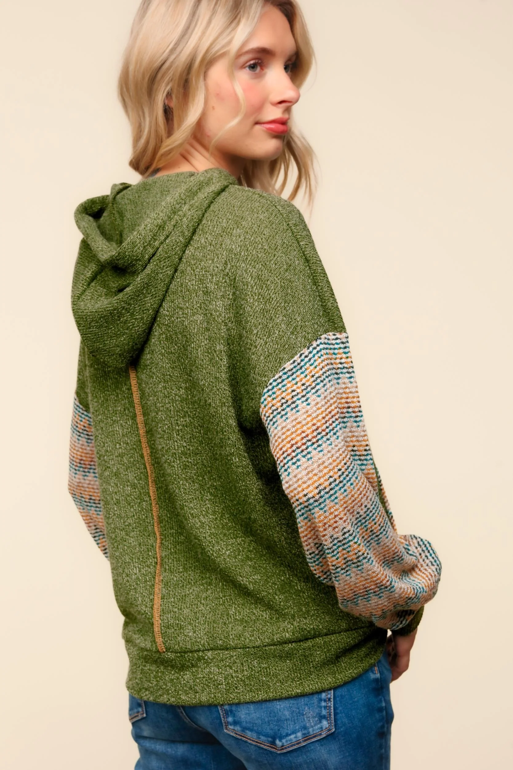 Plus Hacci Color Block Sweater Top with Hoodie - Image 4