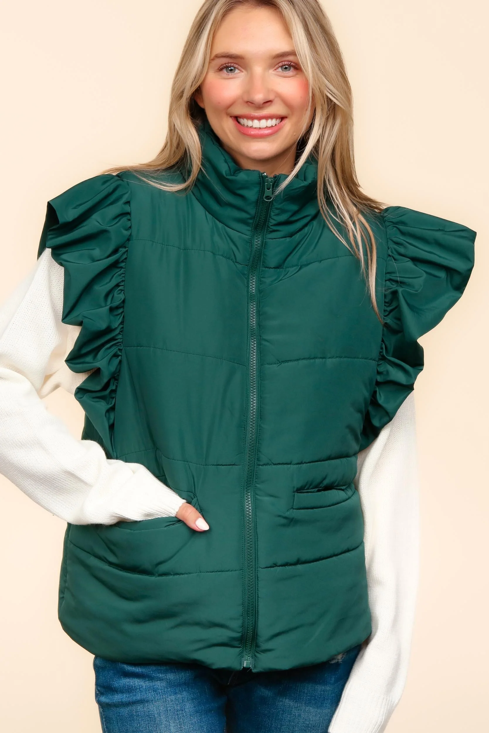 PLUS HIGH NECK ZIPPER UP RUFFLE SLEEVE PUFFER VEST - Image 7