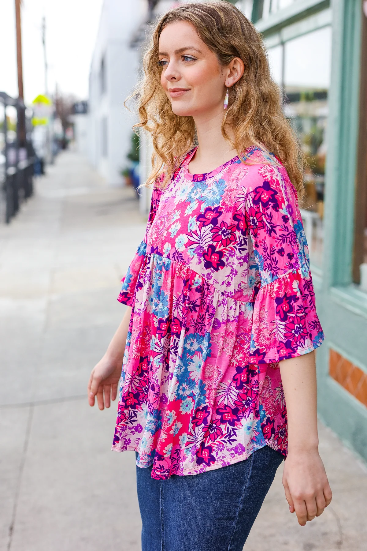 Plus Hot Pink & Blue Floral Print Bell Sleeve Babydoll Top - Image 4