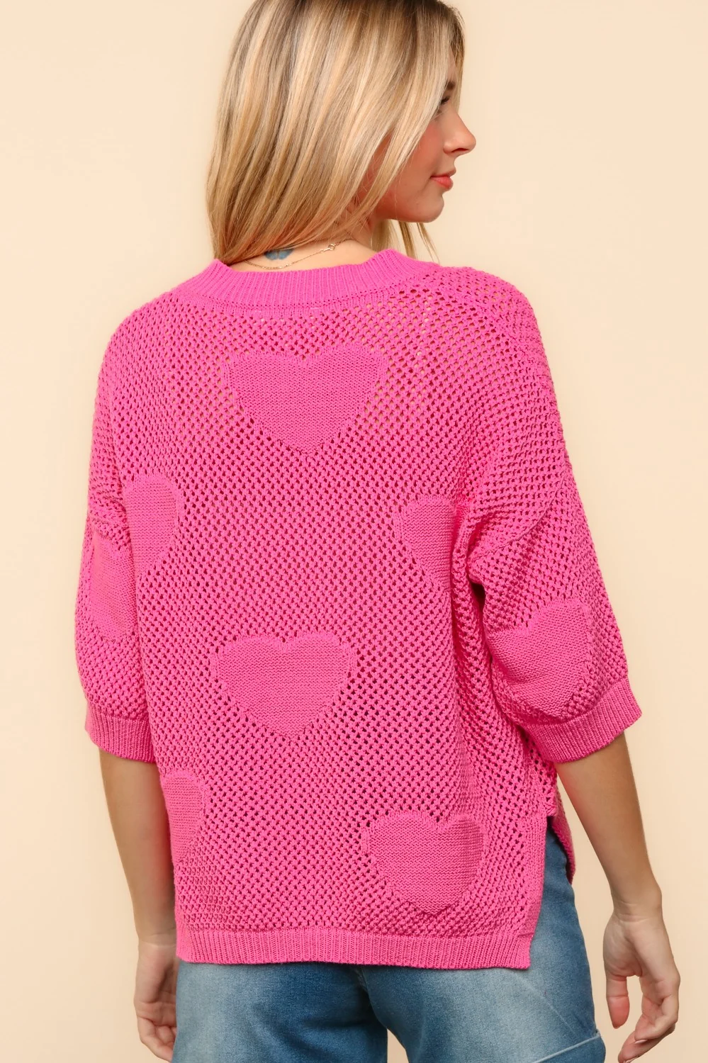 HOT PINK HEART NETTED CROCHET SWEATER KNIT TOP - Image 2