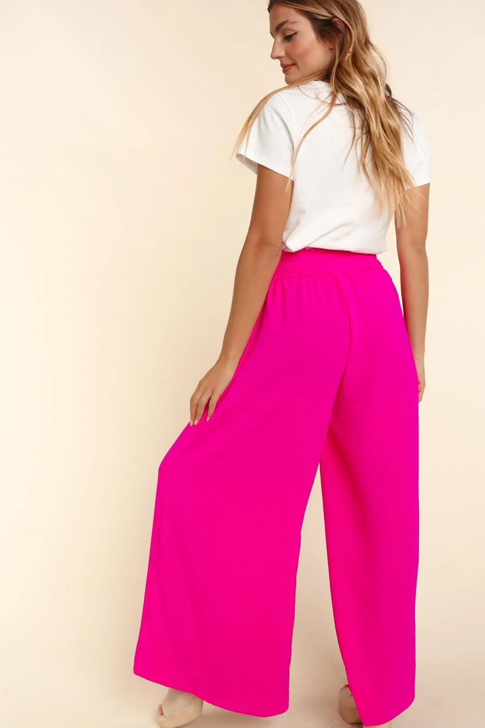 Plus Hot Pink Smocked Waist Wide Leg With Side Pockets Woven Pants 2-2-0 - Image 4