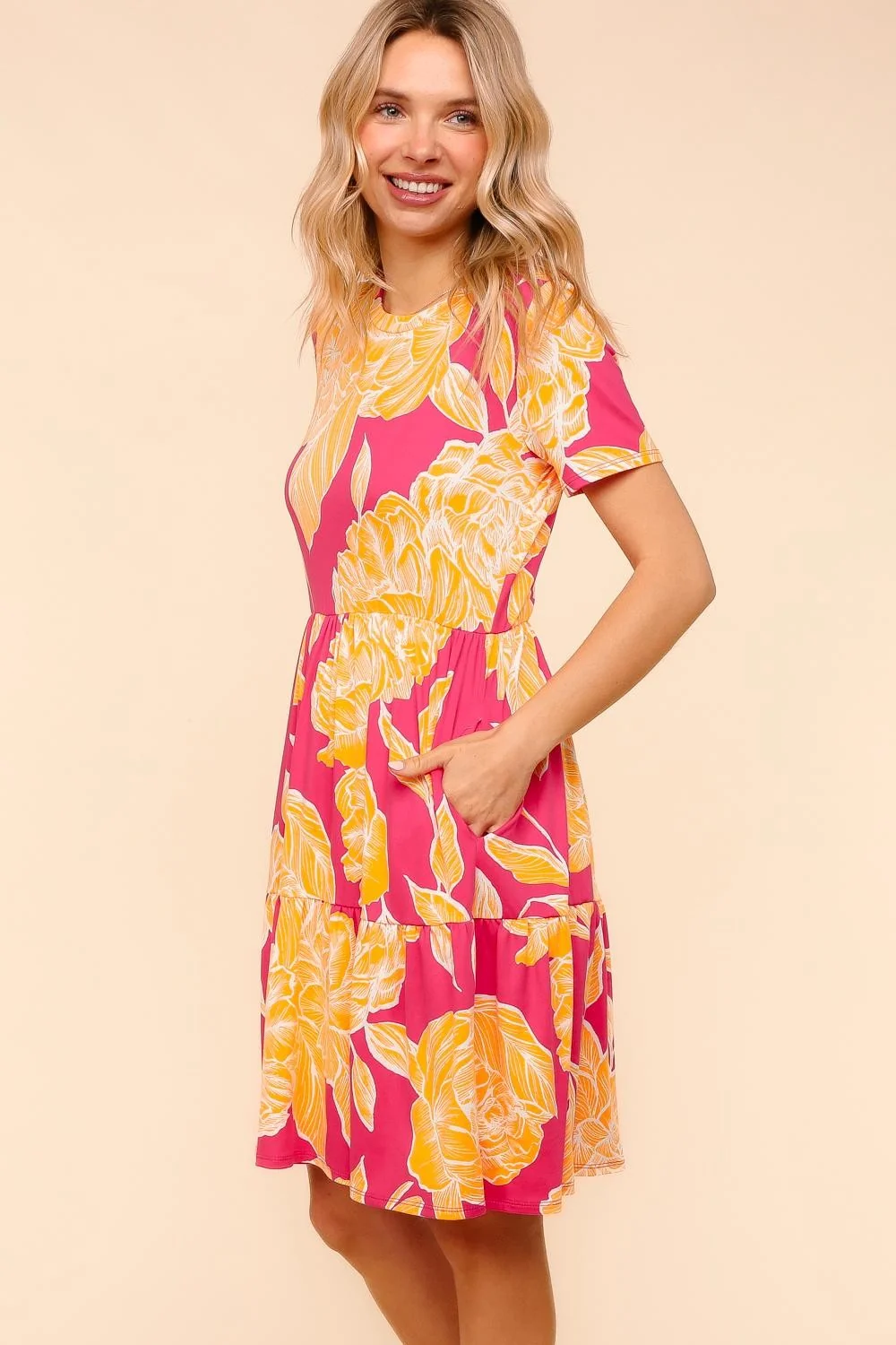 Plus Hot Pink/Yellow Fit and Flare Floral Dress W/Side Pockets - Image 2