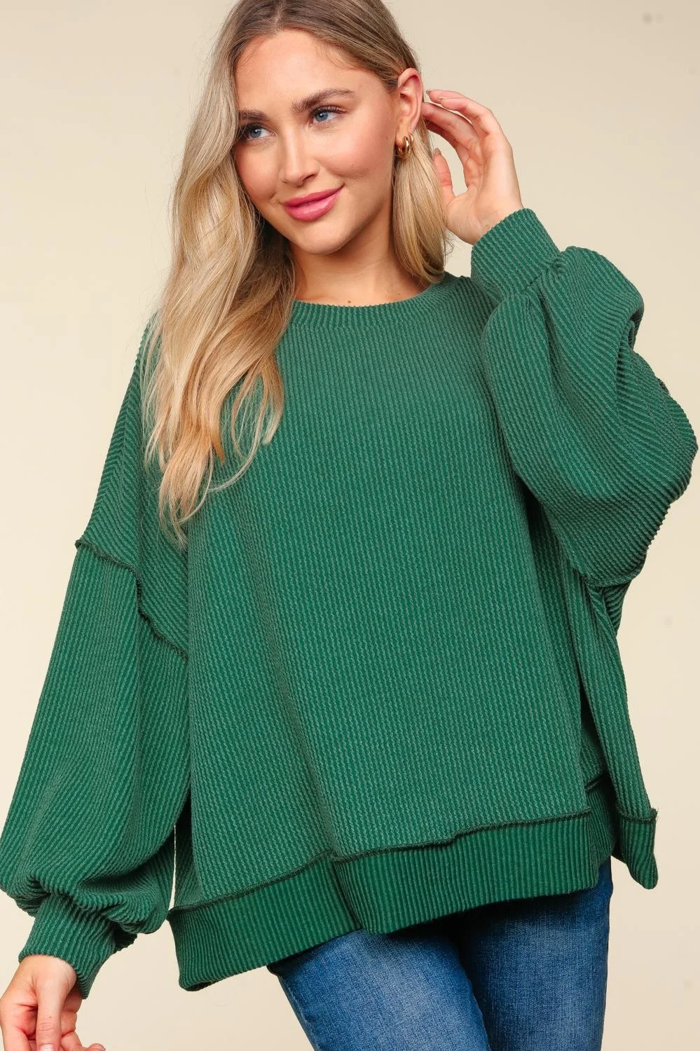 Plus Hunter Green Drop Shoulder Long Sleeve Reverse Knit Top (3pc) - Image 2
