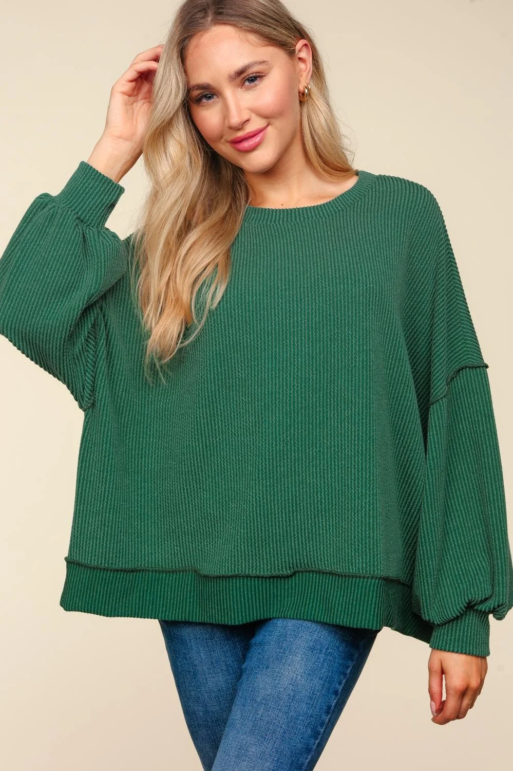 Plus Hunter Green Drop Shoulder Long Sleeve Reverse Knit Top (3pc) - Image 4