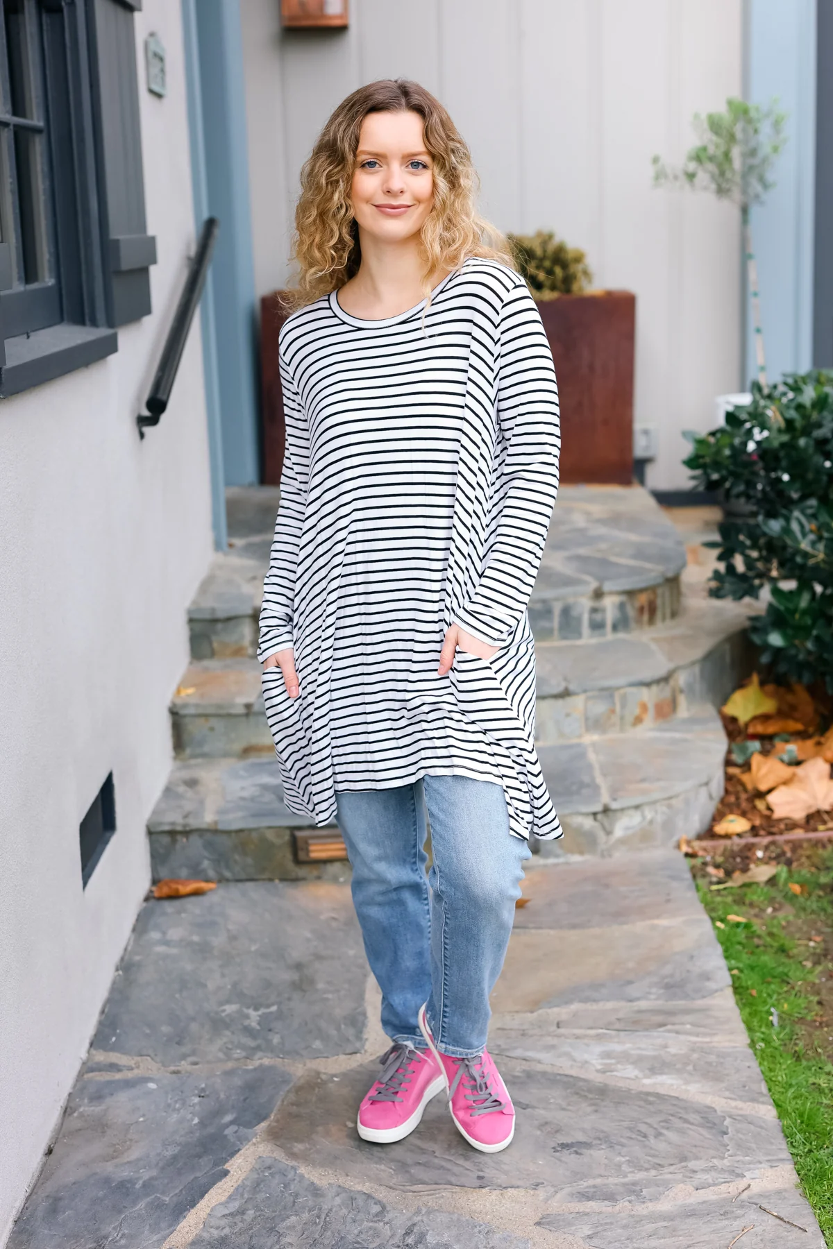 Plus Ivory Black Stripe Pocketed Dress - Image 3