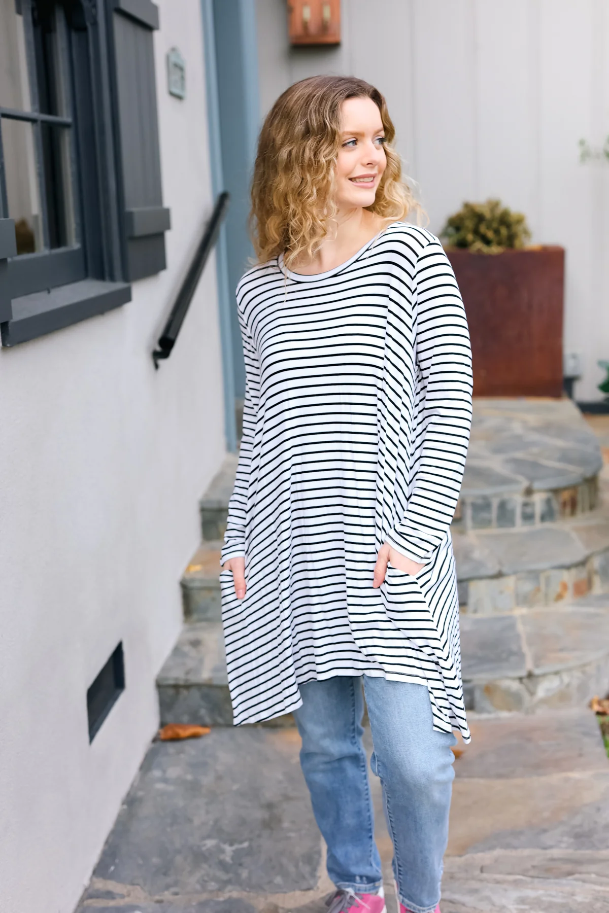 Plus Ivory Black Stripe Pocketed Dress - Image 4