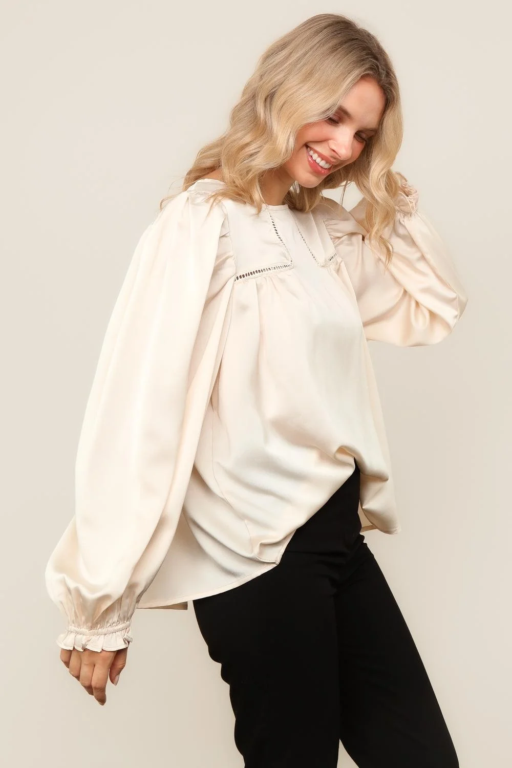 IVORY BUBBLE LONG SLEEVE WITH BACK NECK BUTTON TOP - Image 5