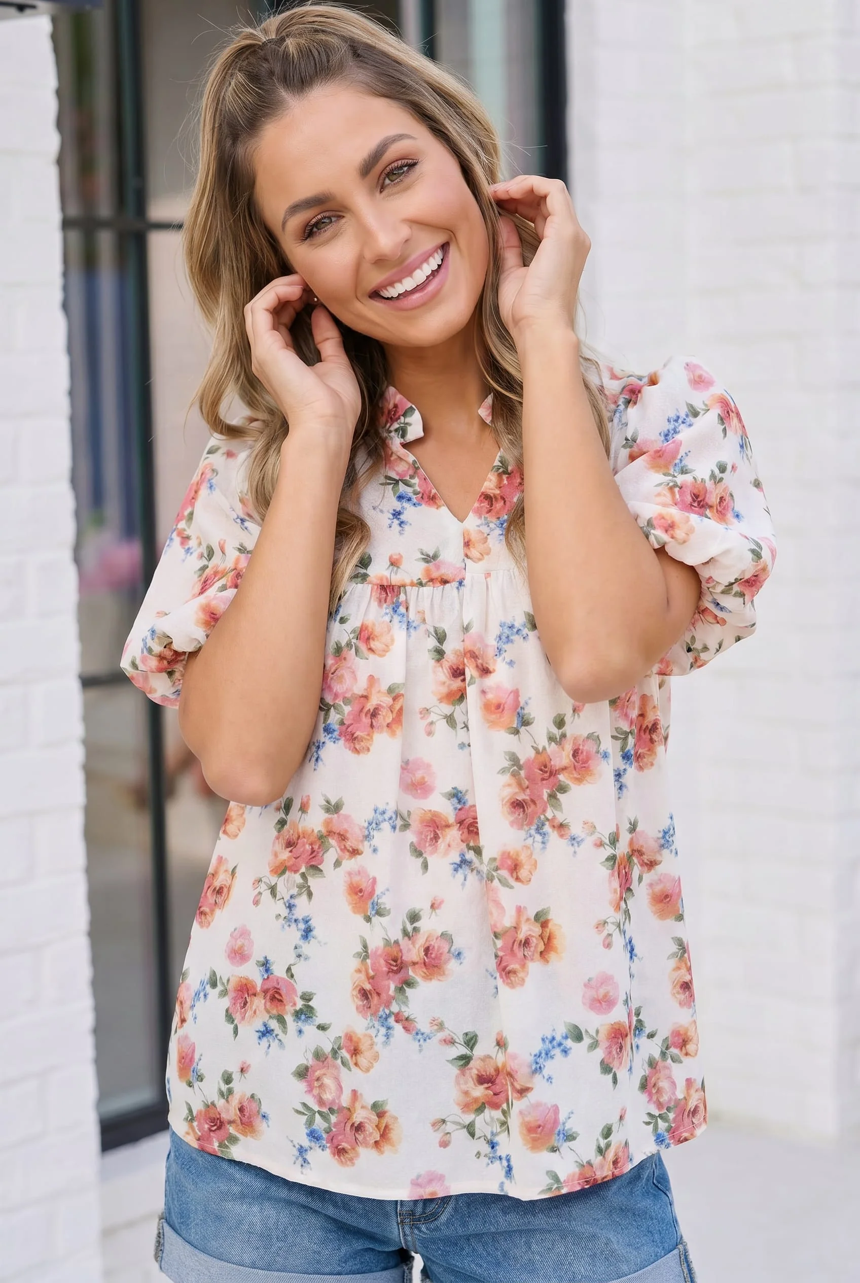 Plus Ivory Floral Puff Sleeve Babydoll Blouse - Image 2