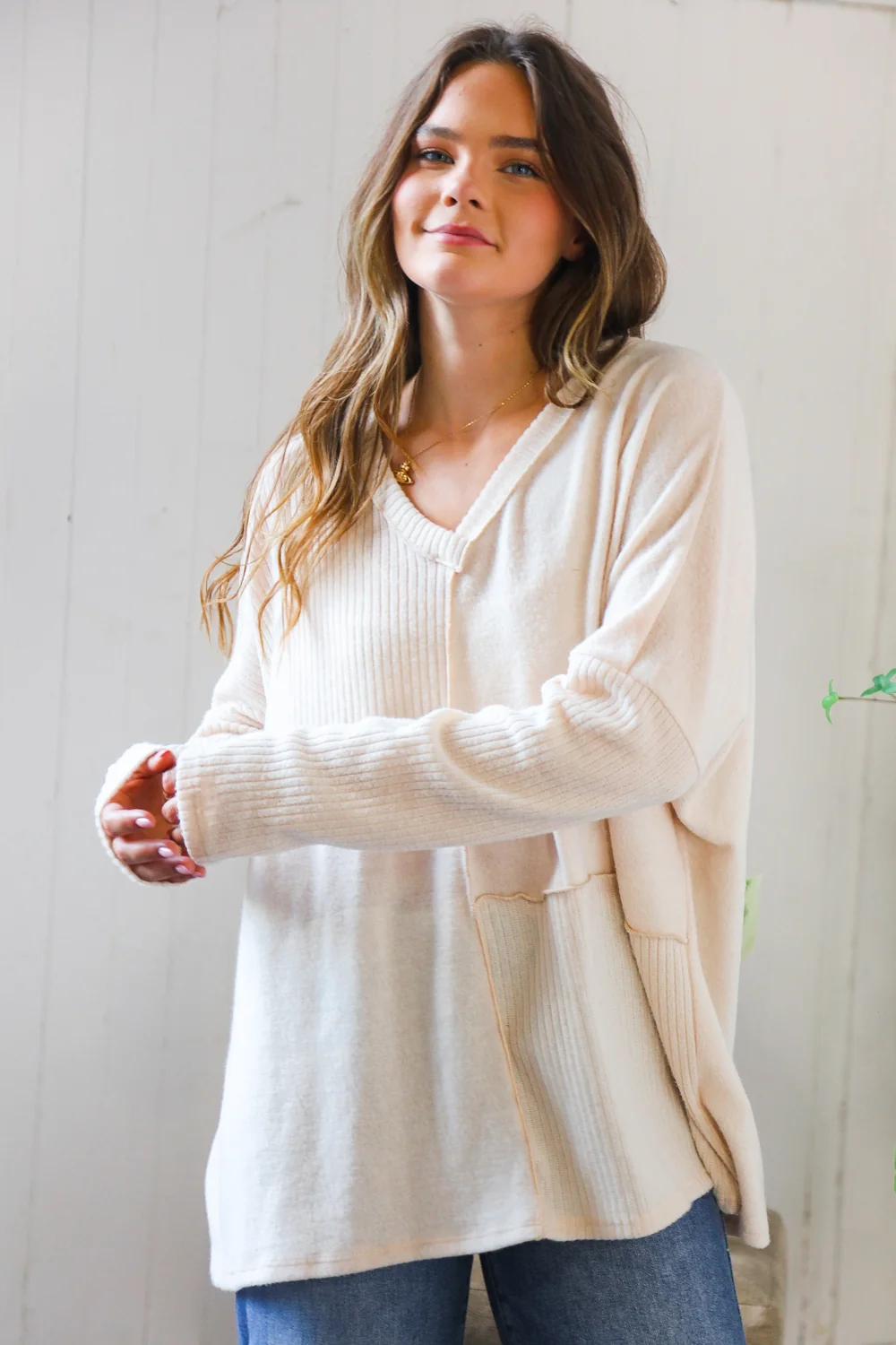 Plus Ivory Ribbed Design Hacci Top - Image 3