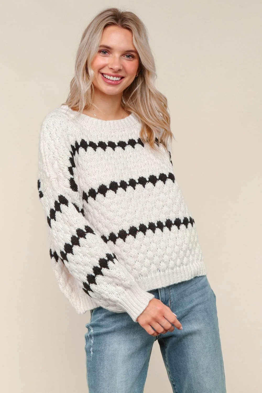 IVORY STRIPE PATTERNED COMFY PULLOVER SWEATER HOLIDAY TOP - Image 5