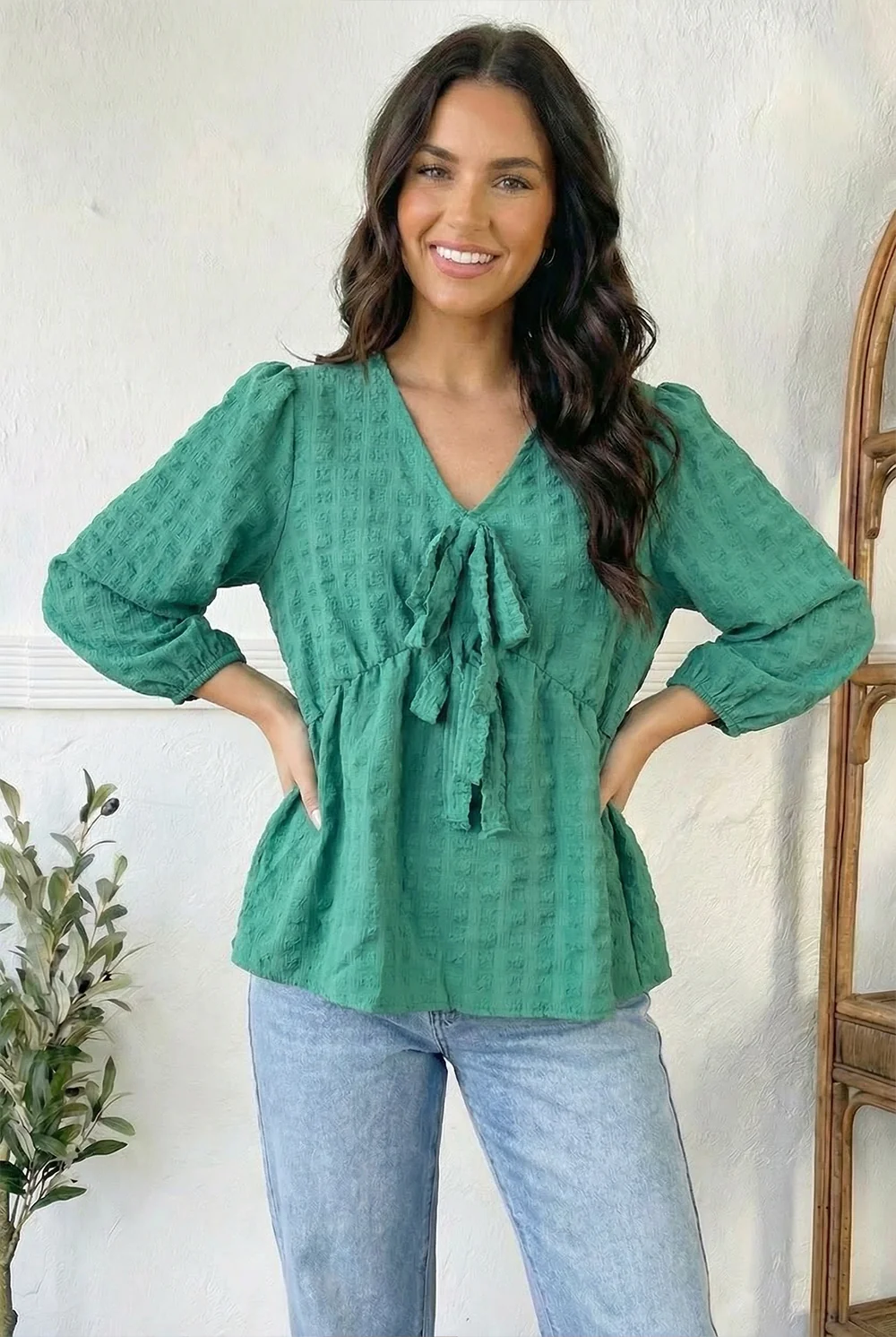 Jade Textured Woven Bow Blouse - Image 4