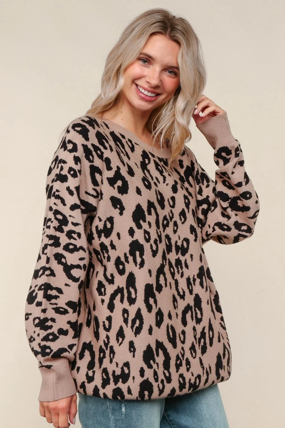 Leopard Jacquard Oversized Sweater Knit Top - Image 2