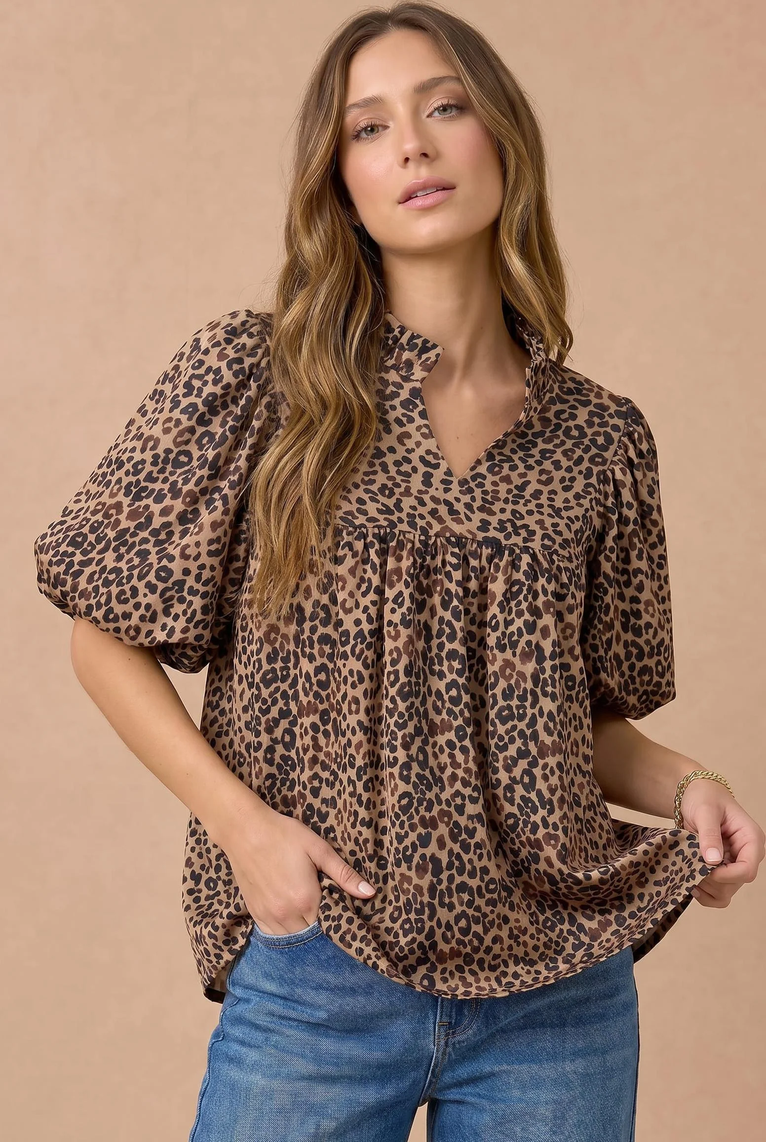 Plus Leopard Print Puff Sleeve Babydoll Blouse - Image 2