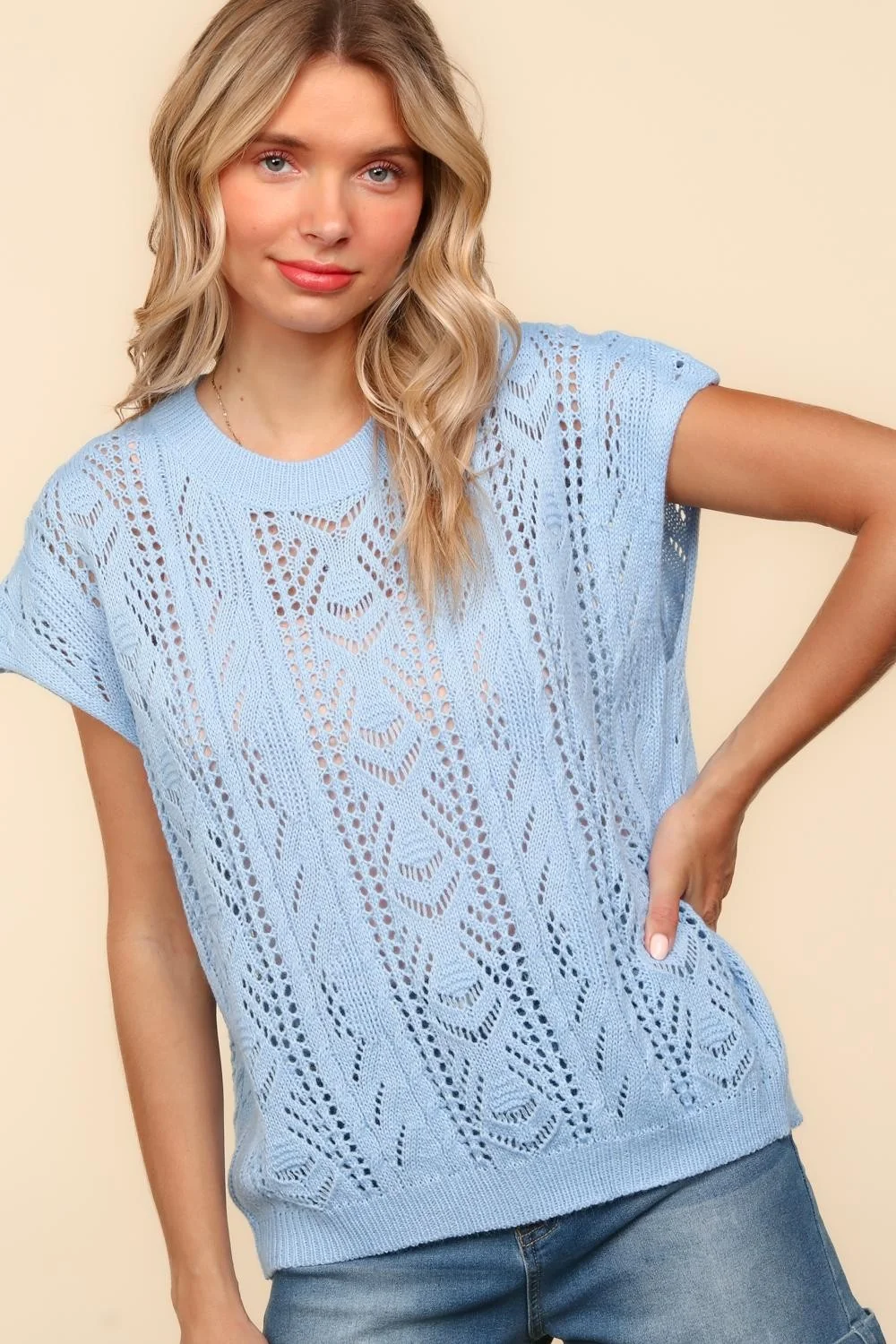 PLUS LIGHT BLUE DOLMAN SHORT SLEEVE CROCHET SWEATER KNIT - Image 4