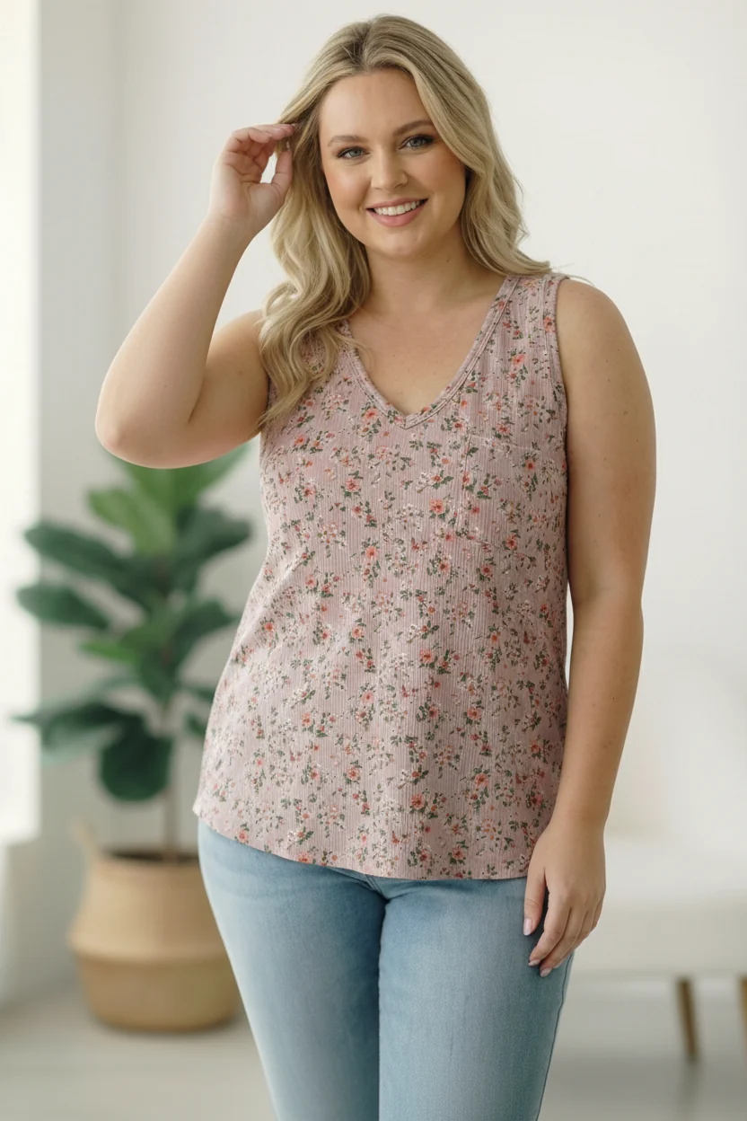 Plus Lilac Ribbed Floral Top - Image 2