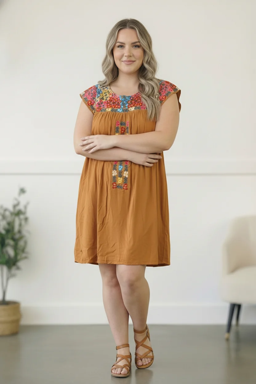 Plus Lined Marigold Embroidered Dress - Image 3