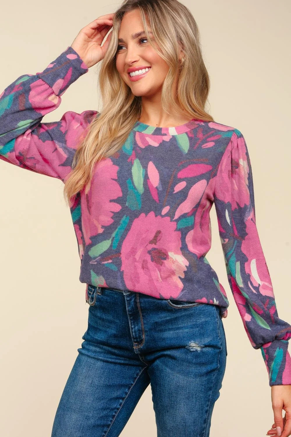LONG SLEEVE FLORAL BRUSHED HACCI KNIT TOP - Image 12