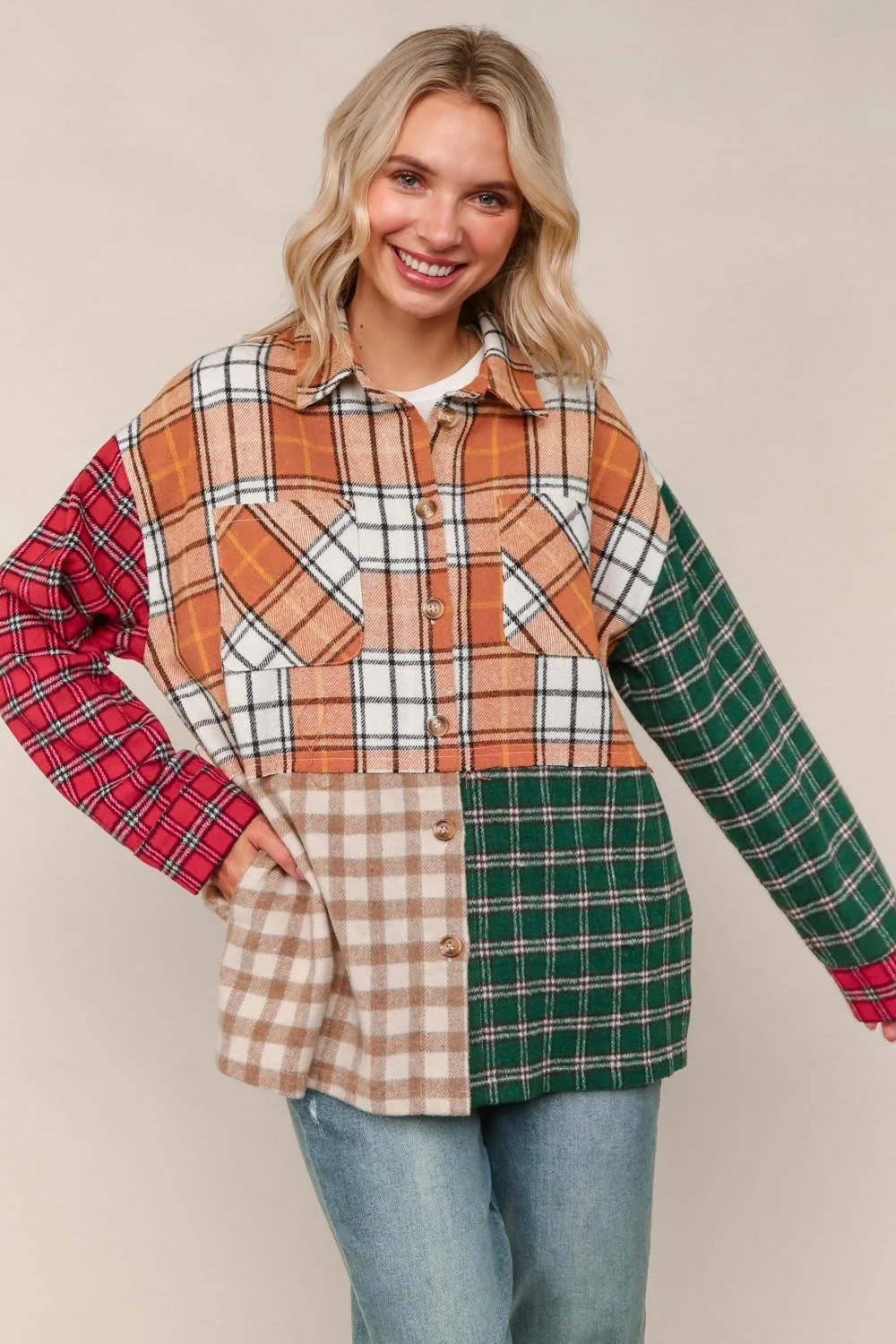 LOOSE FIT PLAID FLANNEL JACJET  W/POCKET - Image 7