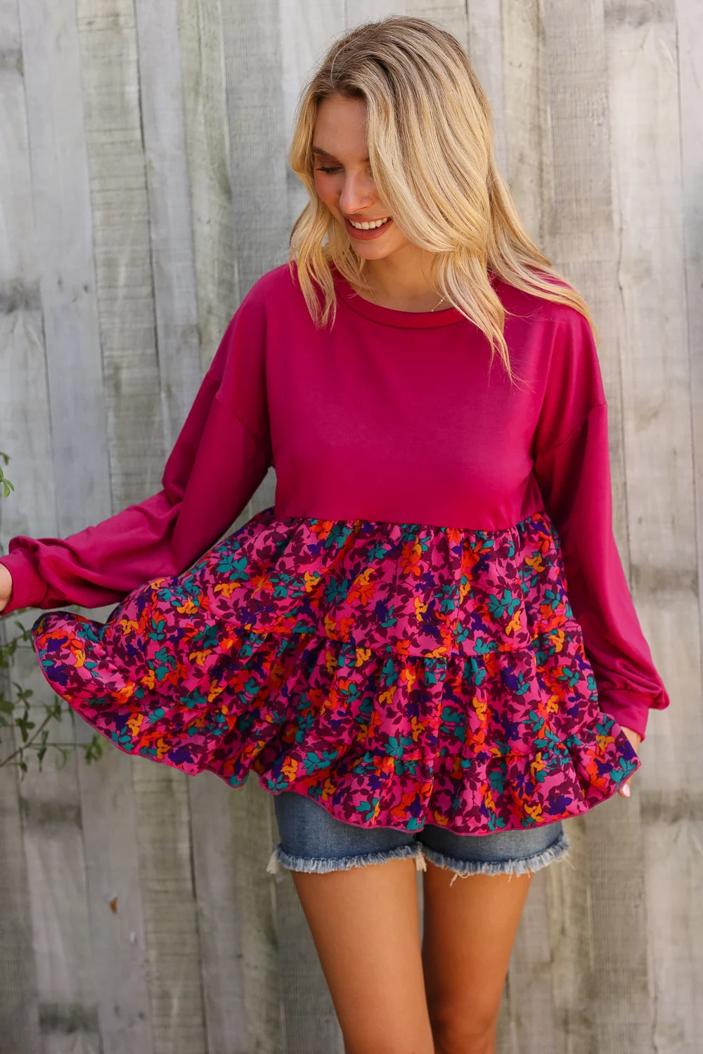 Plus Magenta Floral Tiered Sweater Top