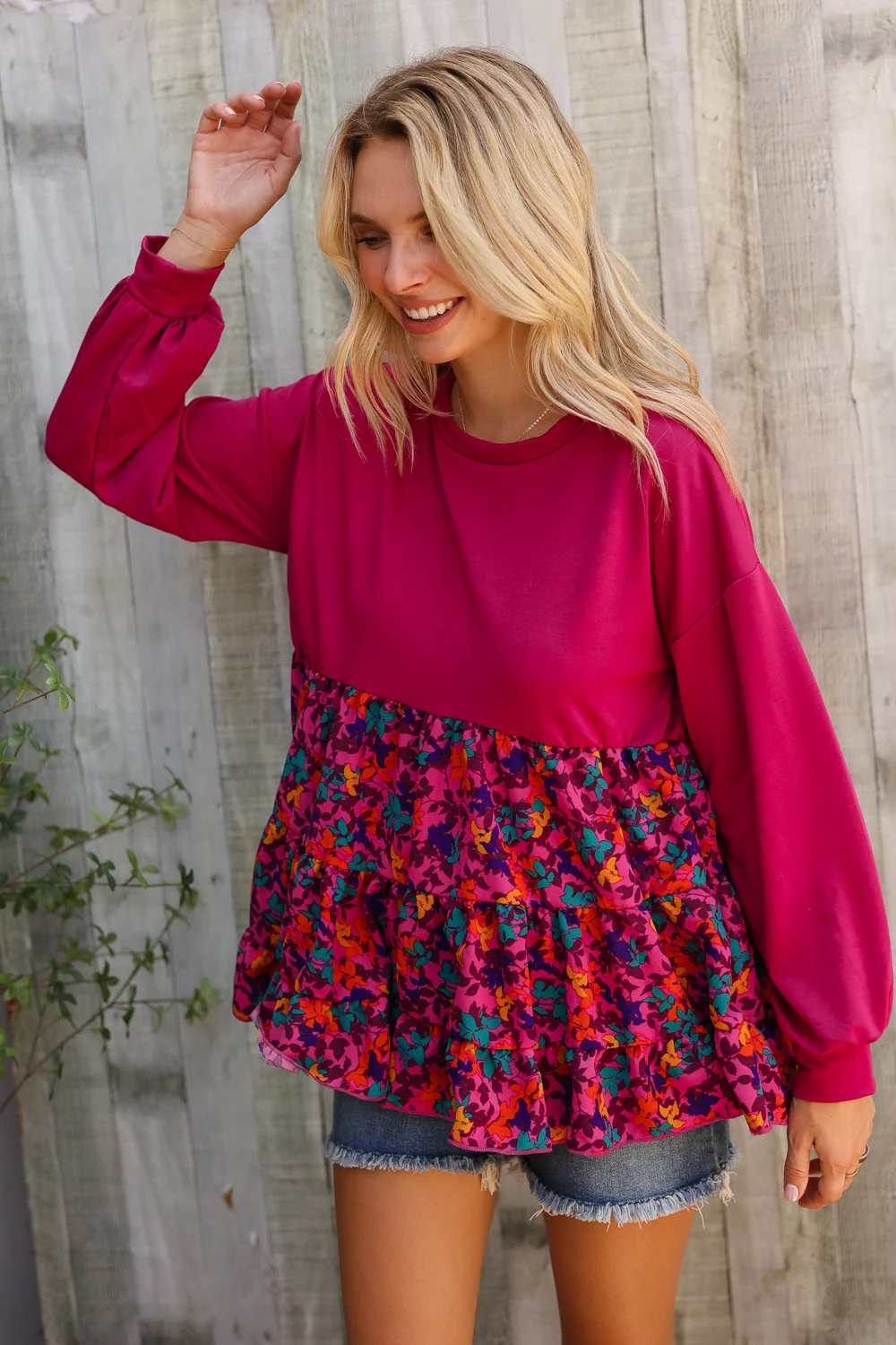 Plus Magenta Floral Tiered Sweater Top - Image 5