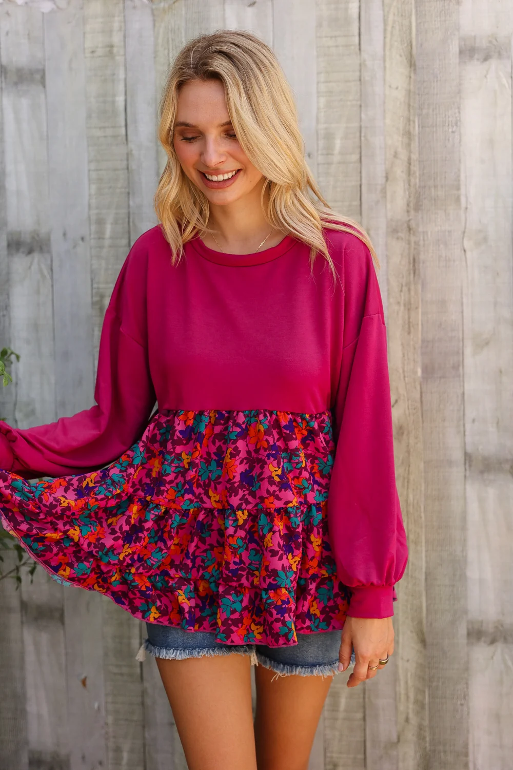 Plus Magenta Floral Tiered Sweater Top - Image 8