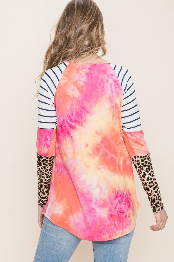 PLUS MAGENTA/ORANGE ANIMAL CONTRAST LONG SLEEVE TIEDYE TOP - Image 3
