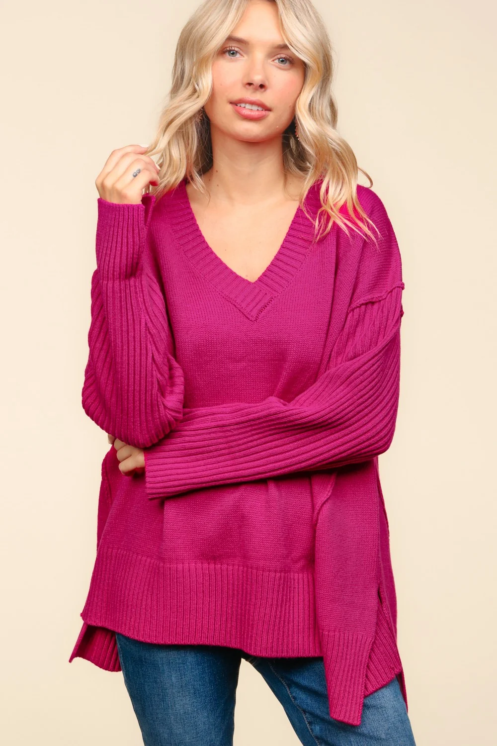 Plus Magenta V Neck Long Sleeve Solid Rib Loose Fit Sweater - Image 4