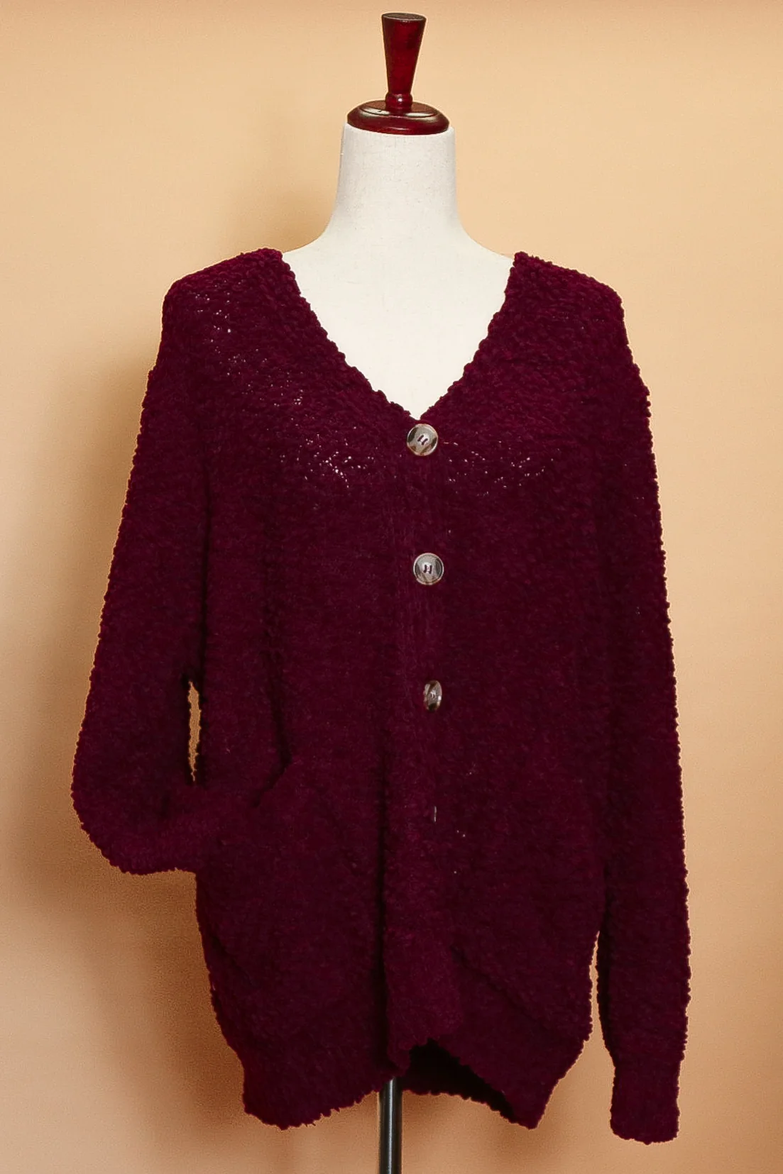 Plus Maroon Popcorn Button Cardigan