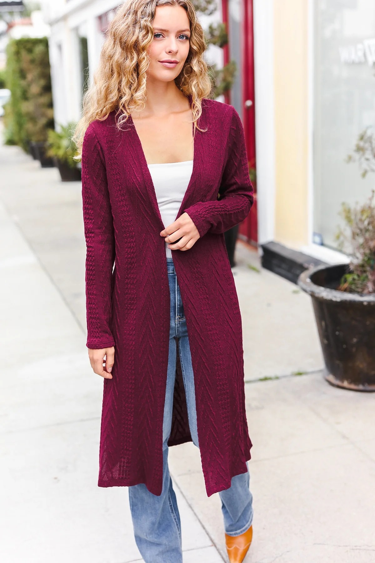 Plus Maroon Textured Cable Cardigan - Image 4