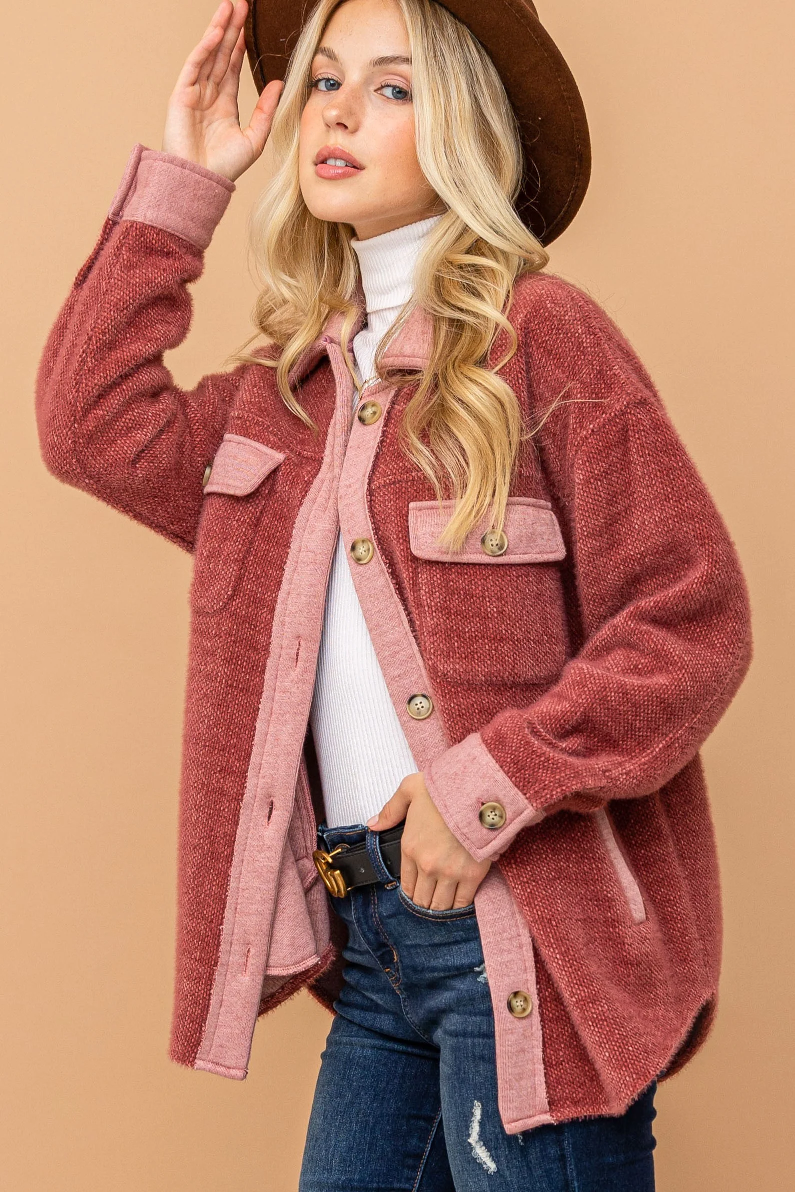 Plus Marsala Soft Texture Comfy Cozy Shacket - Image 3