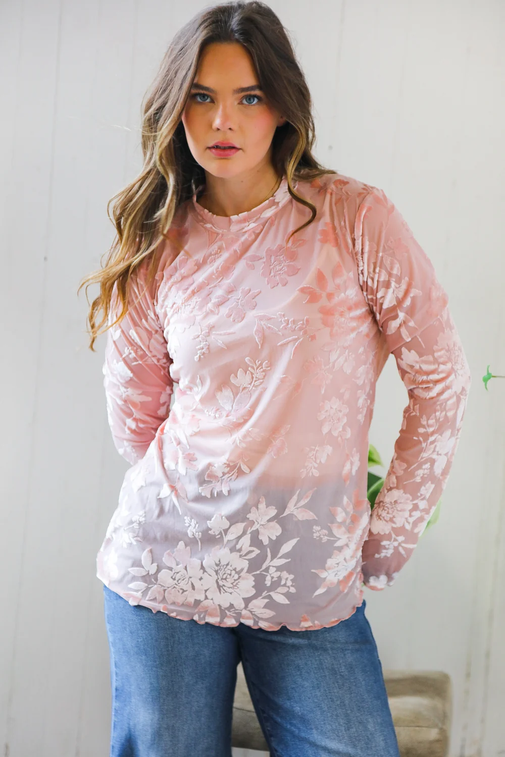 Plus Mauve Floral Mesh Velvet Top - Image 2