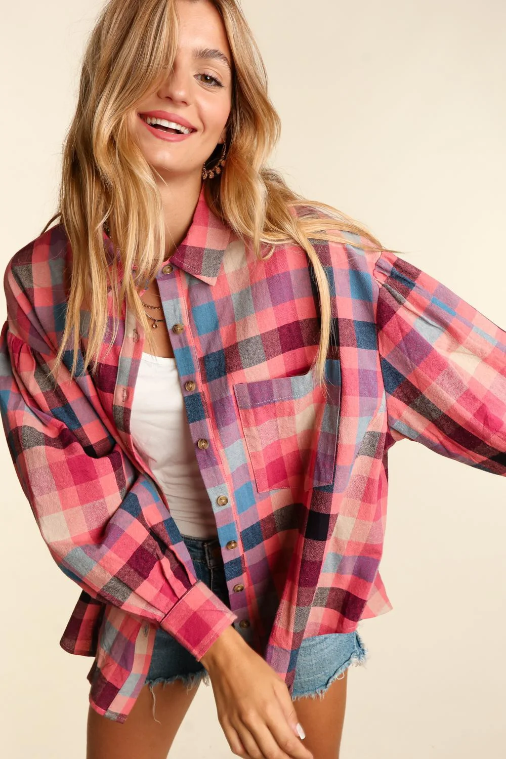 Plus Mauve Woven Washed Plaid Oversized Top With Pockets - Image 3