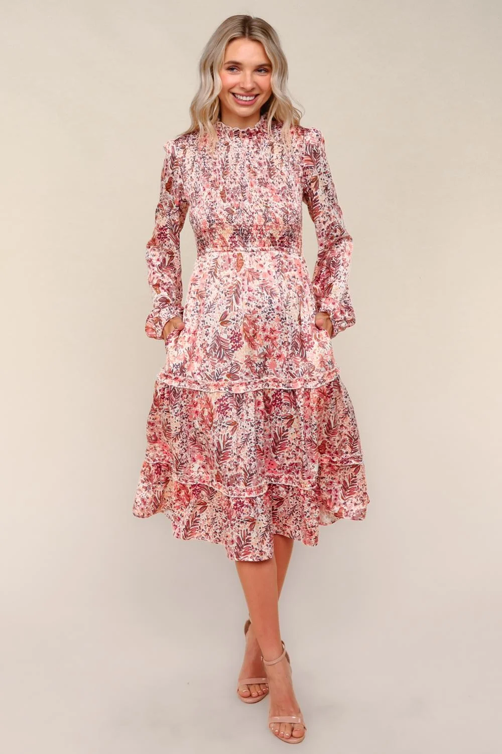 MIDI SATIN FLORAL TIERED DRESS W/ SIDE POCKET