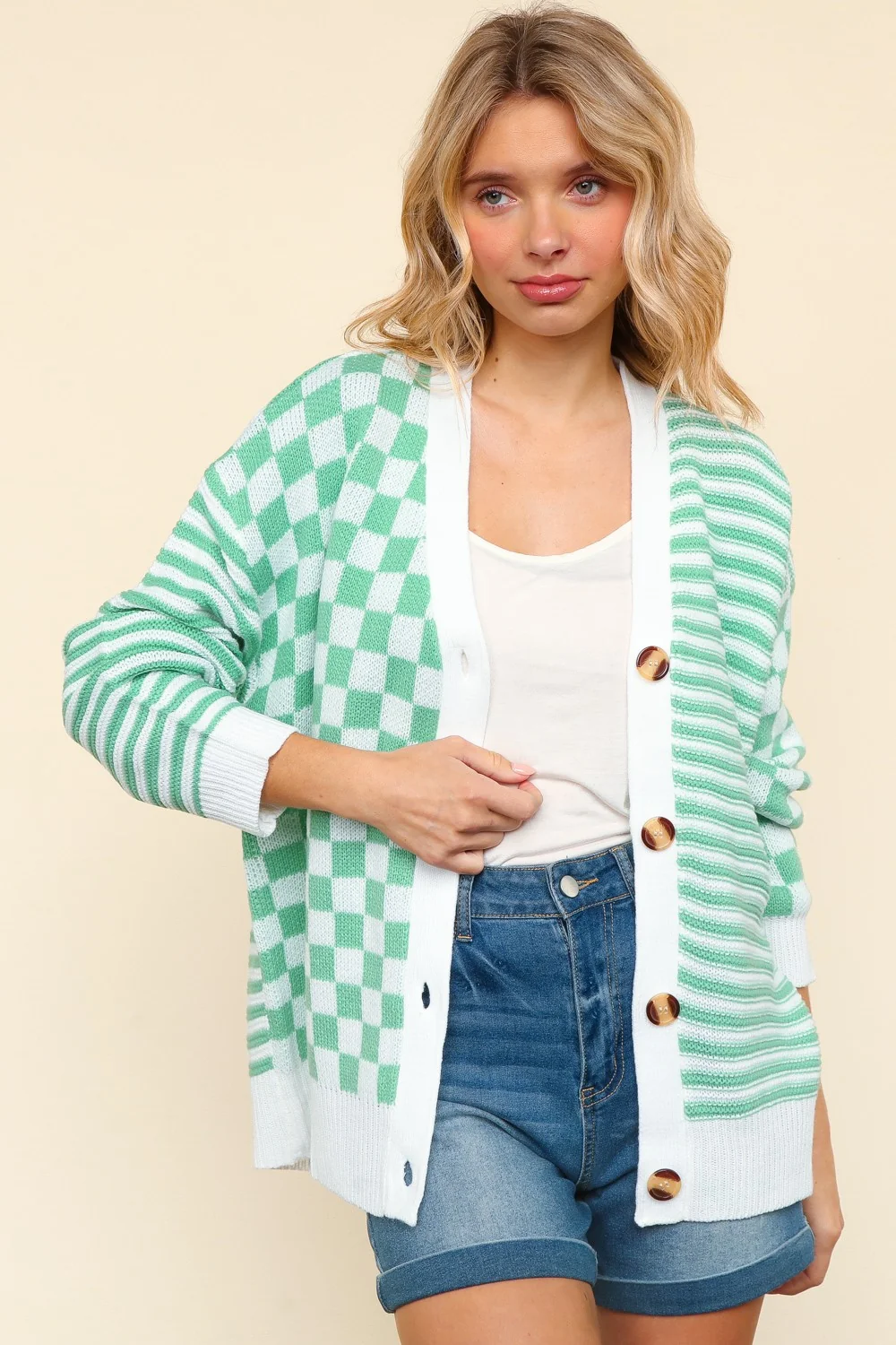 PLUS MINT BUTTON DOWN CHECKER STRIPE SWEATER CARDIGAN - Image 3