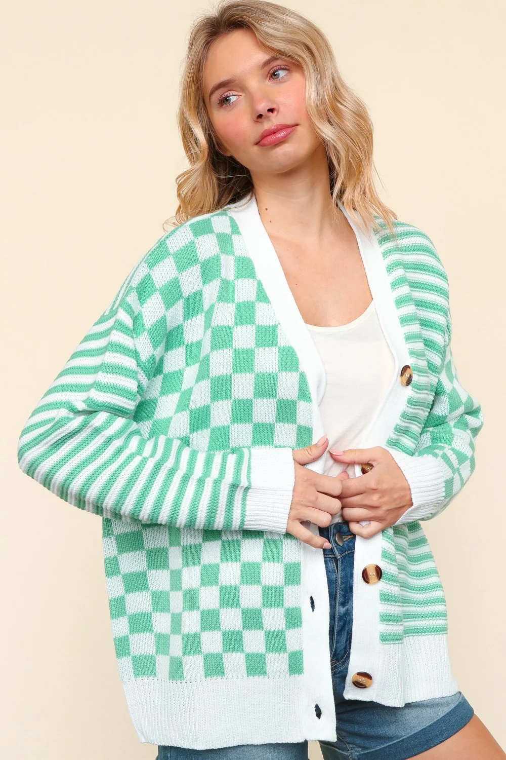 PLUS MINT BUTTON DOWN CHECKER STRIPE SWEATER CARDIGAN - Image 8