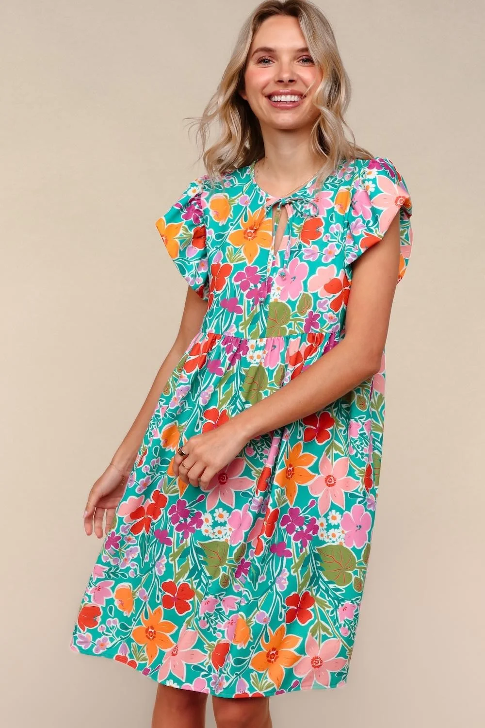 MINT FLORAL KNEE LENGTH DRESS W/ SIDE POCKETS - Image 3