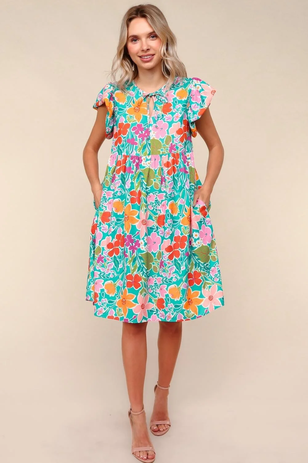 MINT FLORAL KNEE LENGTH DRESS W/ SIDE POCKETS