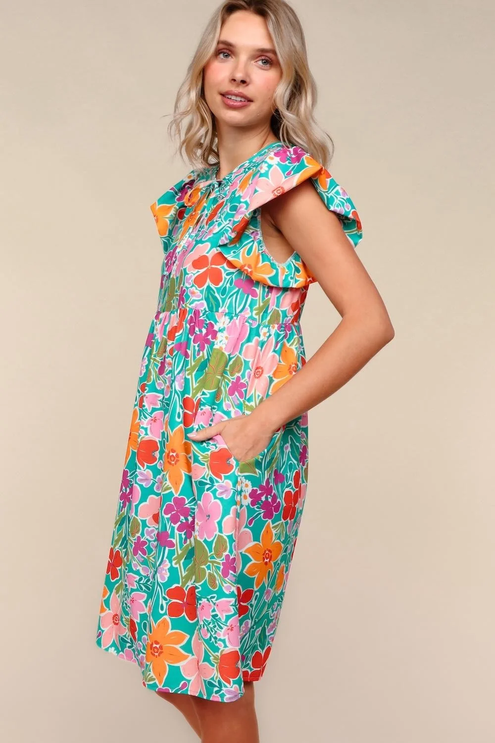 MINT FLORAL KNEE LENGTH DRESS W/ SIDE POCKETS - Image 6