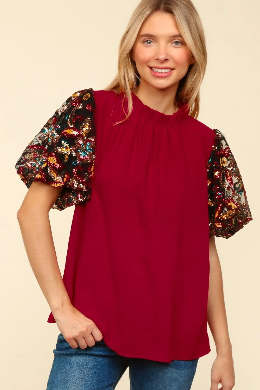 MOCK NECK FLORAL SEQUINS BUBBLE SHORT SLEEVE - Image 6
